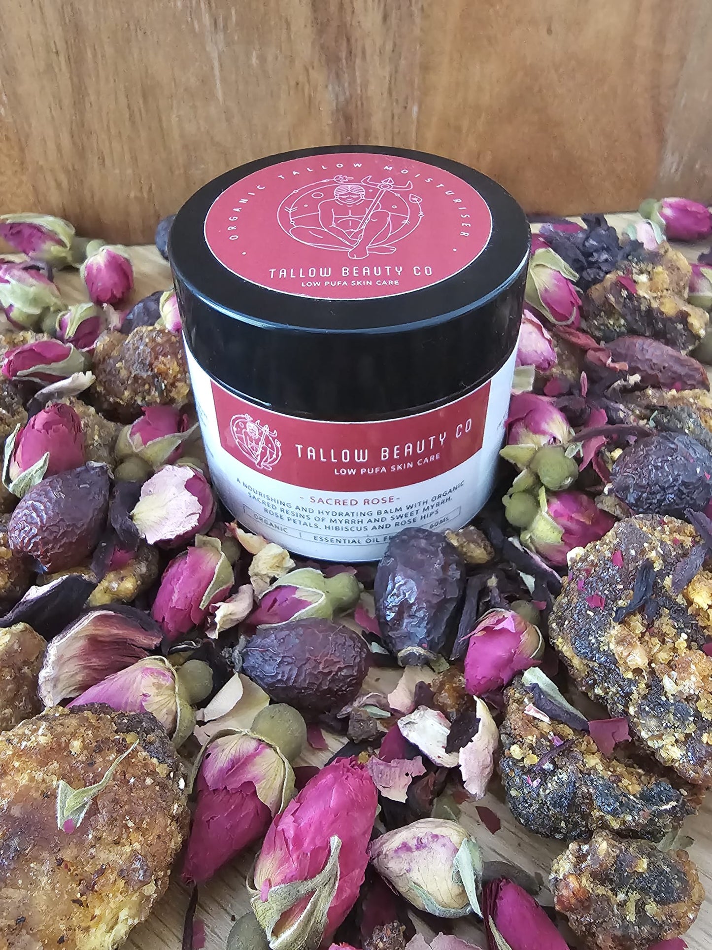 TALLOW BALM INFUSED WITH MYRRH, OPOPONAX, ROSE, ROSE HIPS & HIBISCUS, SACRED ROSE