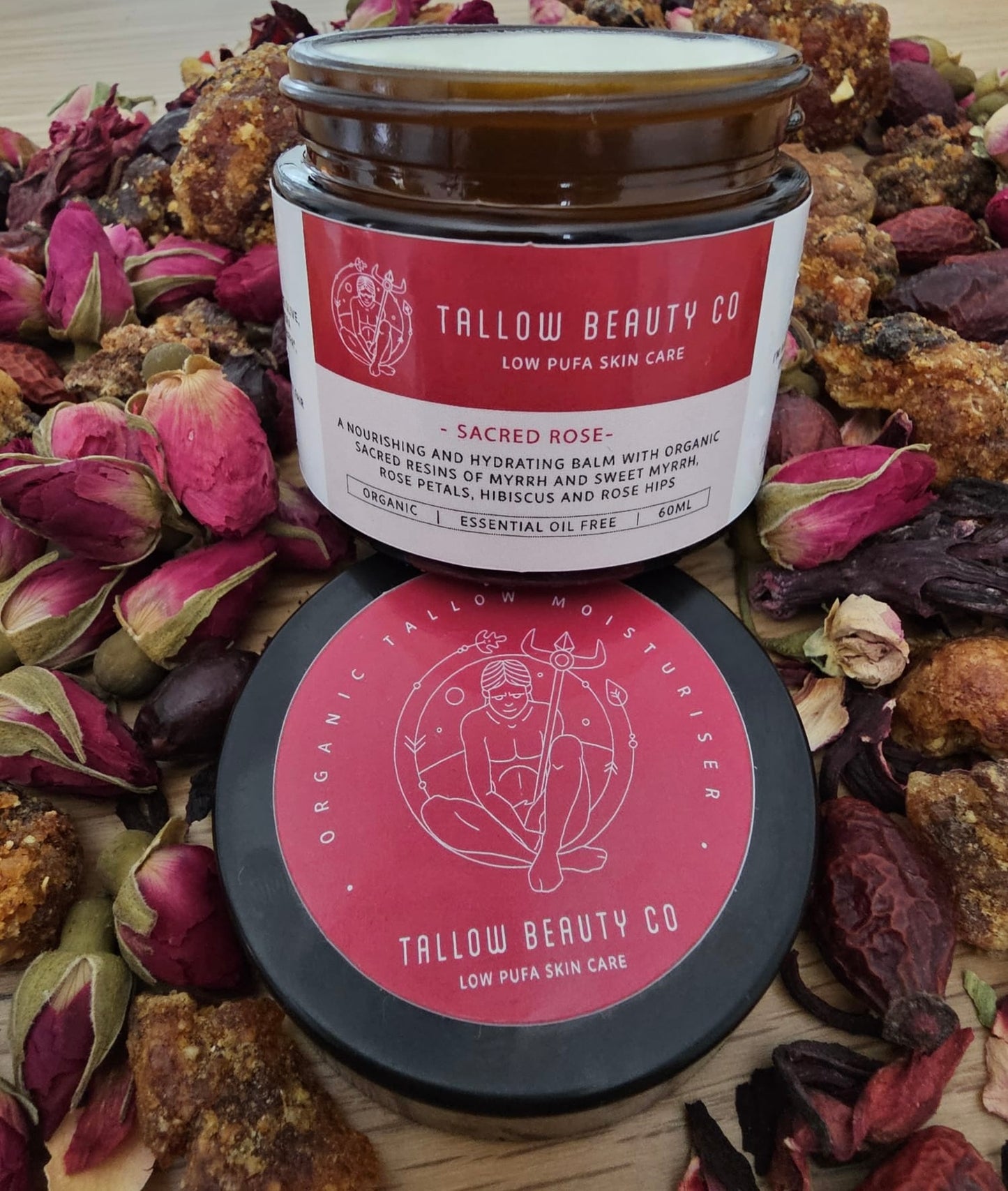 TALLOW BALM INFUSED WITH MYRRH, OPOPONAX, ROSE, ROSE HIPS & HIBISCUS, SACRED ROSE