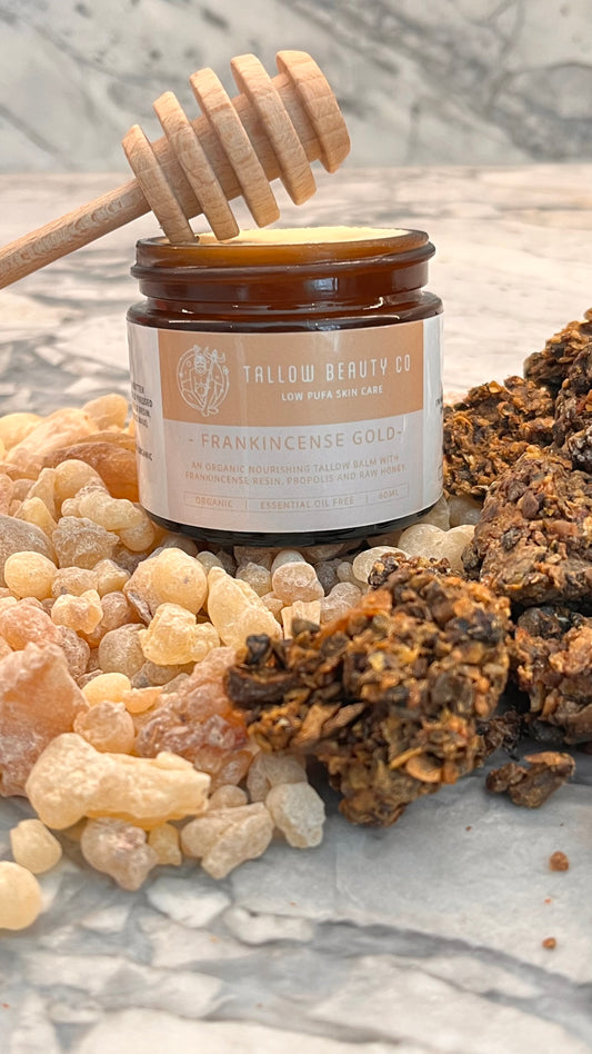 FRANKINCENSE GOLD.    TALLOW BALM INFUSED WITH FRANKINCENSE, PROPOLIS AND HONEY.