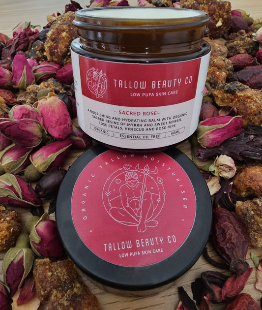 TALLOW BALM INFUSED WITH MYRRH, OPOPONAX, ROSE, ROSE HIPS & HIBISCUS, SACRED ROSE