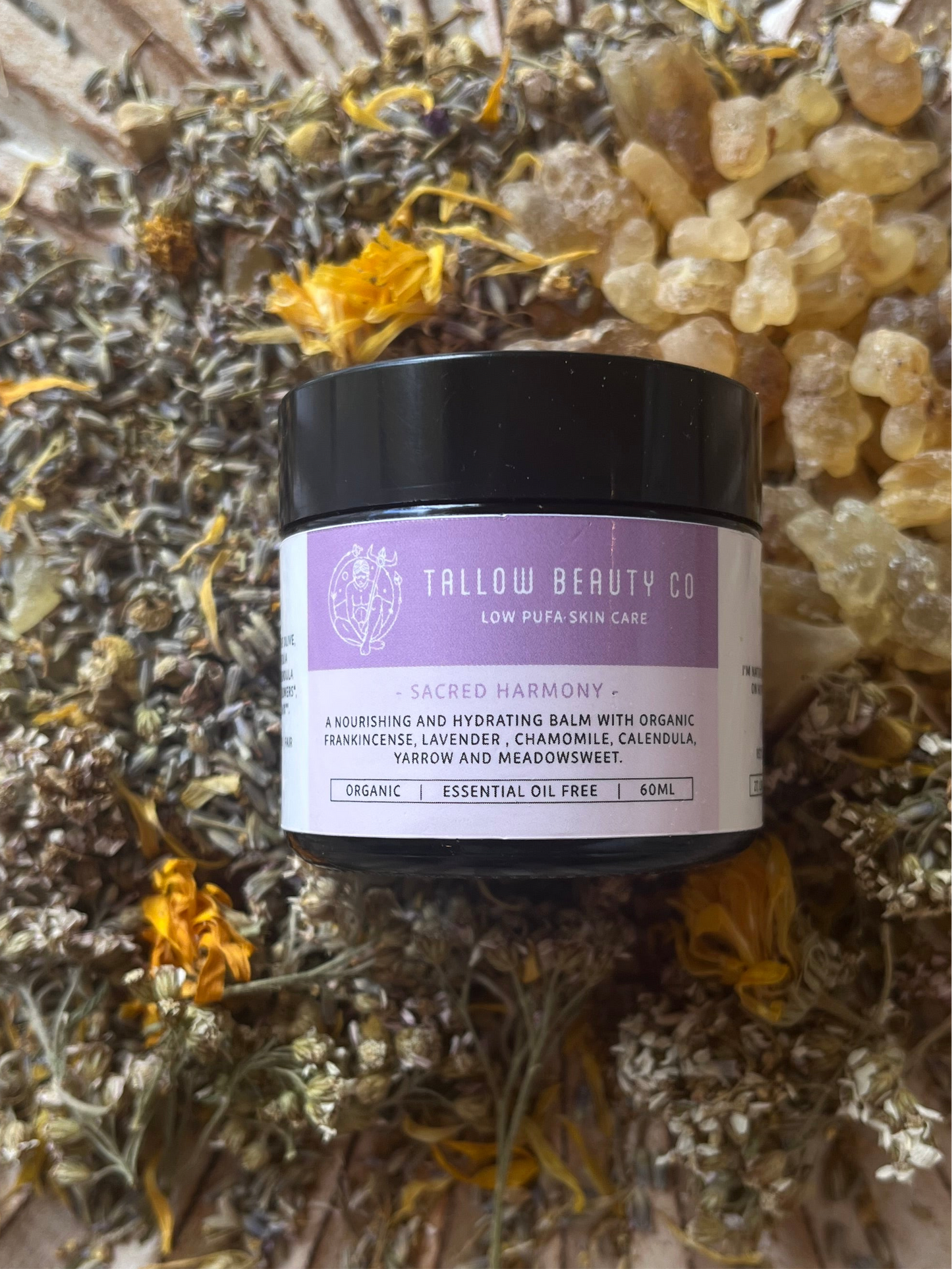 TALLOW BALM INFUSED WITH FRANKINCENSE, LAVENDER, CHAMOMILE, CALENDULA, YARROW & MEADOWSWEET,  SACRED HARMONY