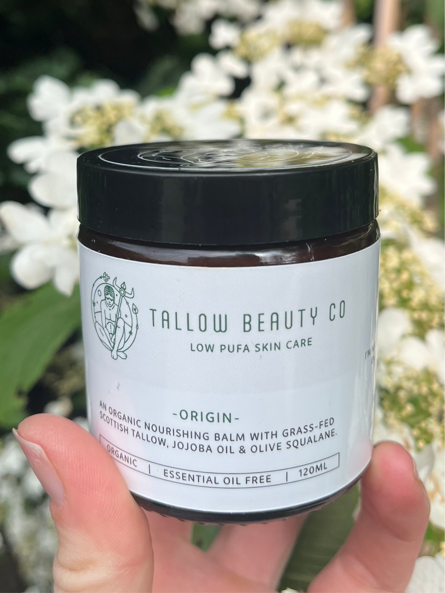 Organic grass fed tallow, cold pressed organic jojoba oil and olive Squalane in 60ml and 120ml glass amber jars.